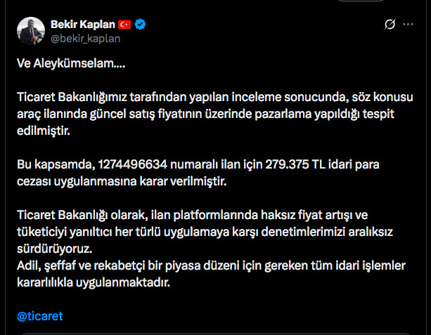 İlana koyduğu arabaya 280 bin lira fazla istedi selam yolladığı Bakanlıktan yanıt geldi - Resim: 0